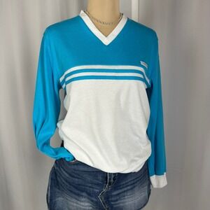 Sunspots V Neck Pullover Top Blue White Stripe Long Sleeve Retro L READ